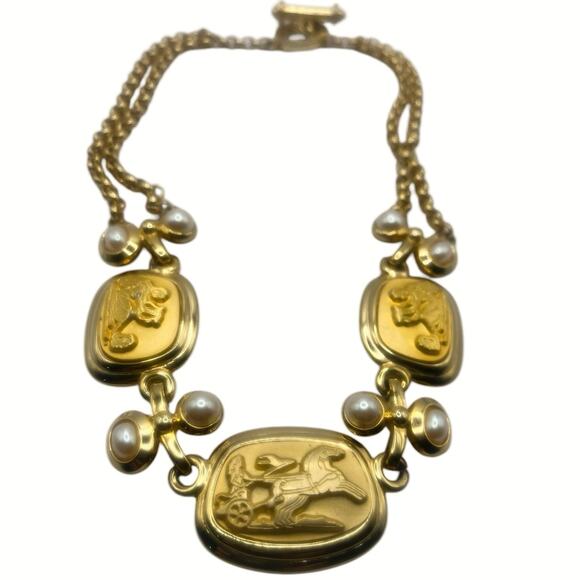 Vintage John Medeiros Roman Warrior Cameo Panel Necklace Goldtone 17” - Picture 4 of 5